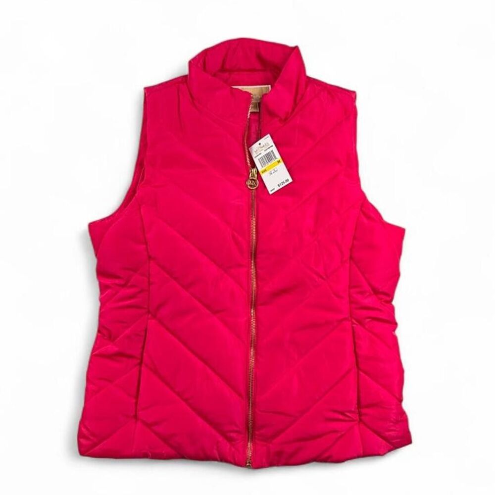 NWT Michael Kors Electric Pink Quilted Puffer Vest Women’s M Gold Zip Gilet